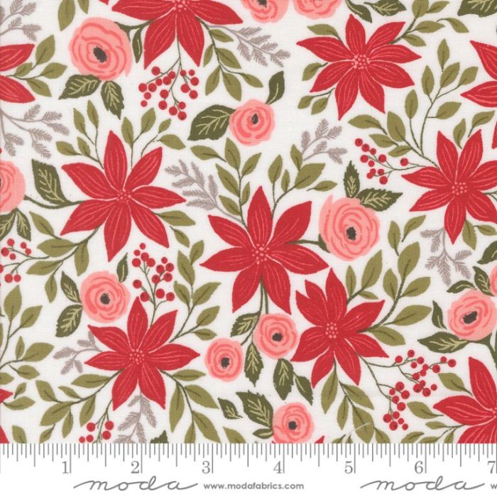 Moda Fabrics Berry and Pine Poinsettia Party Florals Snow