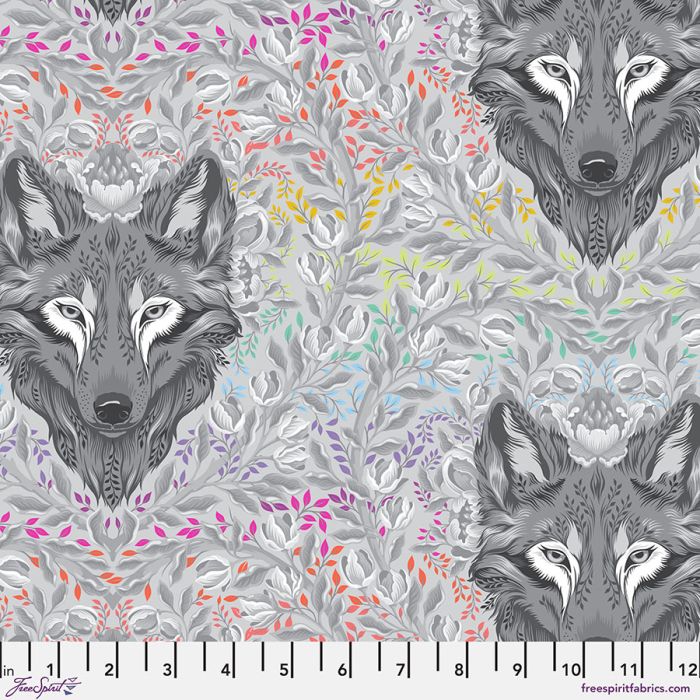 Tula Pink Graywork Wolf of Pink Street Fog