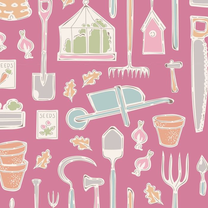 Tilda Farm Tools pink mit bunten Gartenwerkzeugen