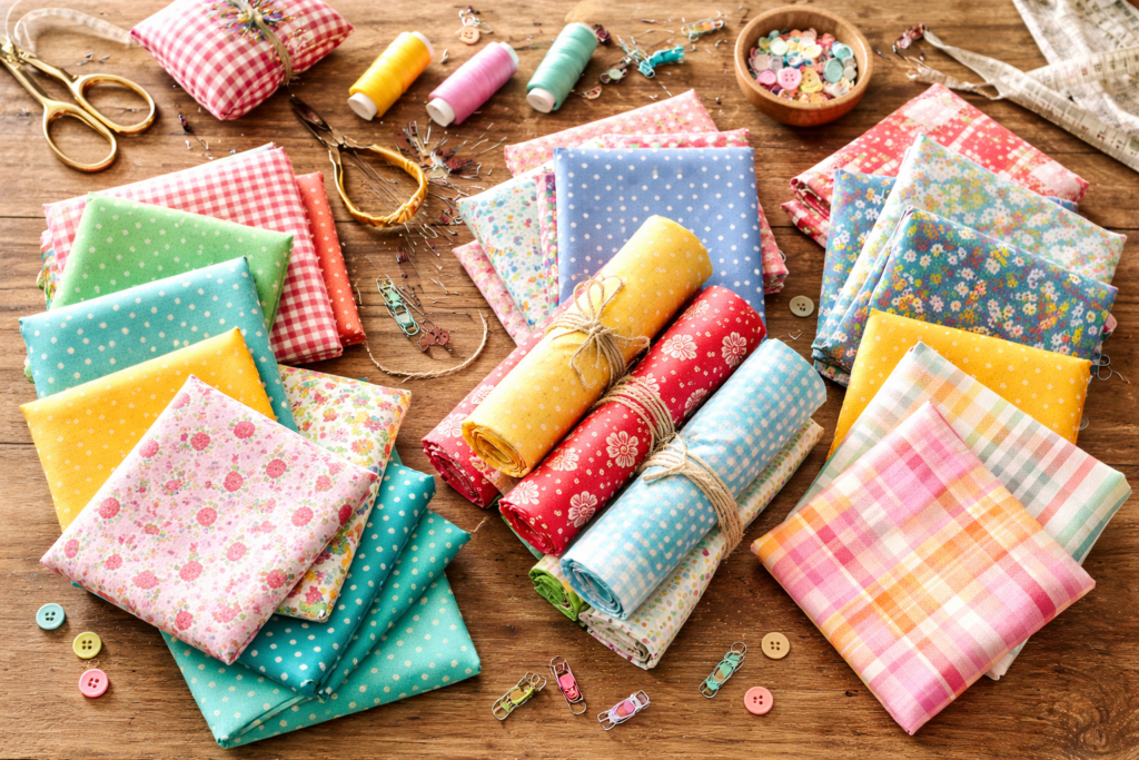 Verschiedene Stoffrollen und Zuschnitte für ein Patchwork-Projekt 