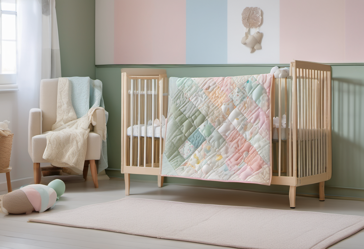 Baby-Quilt aus pastellfarbenen Patchworkstoffen im Babyzimmer