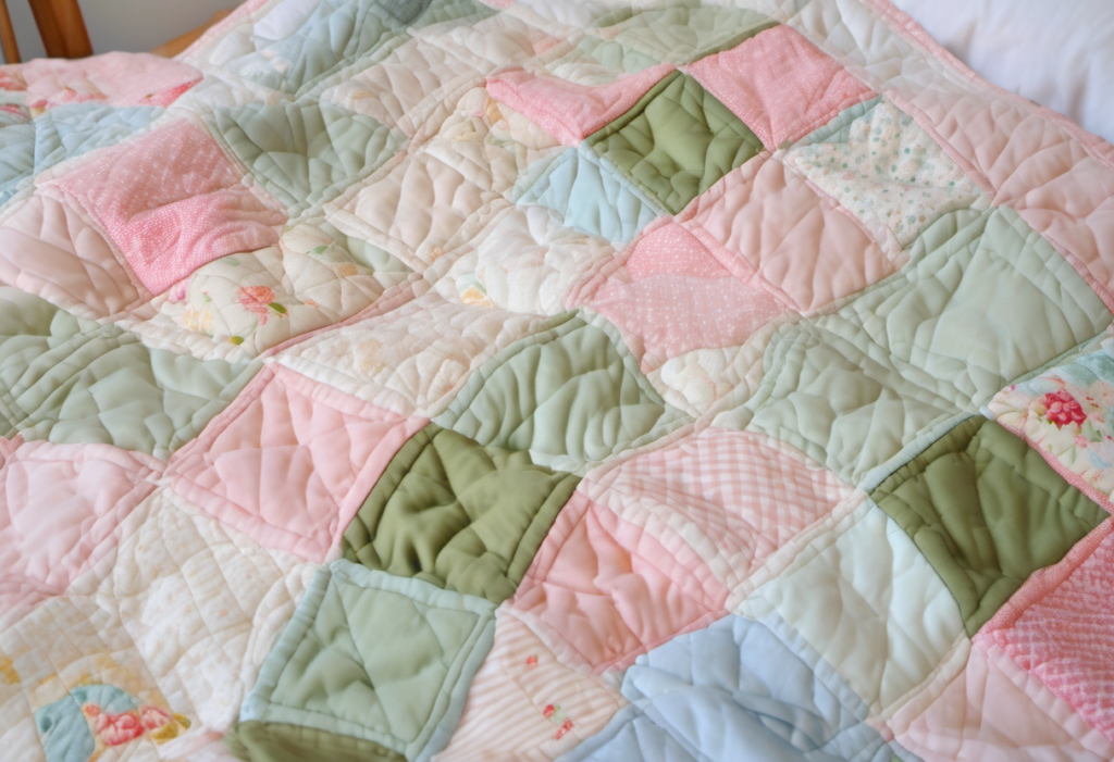 Pastellfarbene Patchworkdecke auf einem Bett – Inspiration zum Patchworkdecke nähen für Anfänger