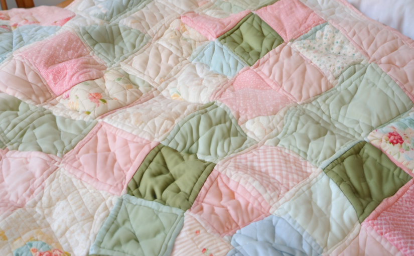Pastellfarbene Patchworkdecke auf einem Bett – Inspiration zum Patchworkdecke nähen für Anfänger