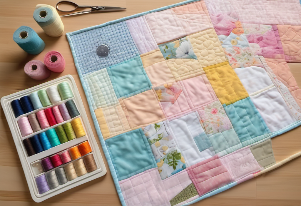 Patchworkstoffe und Nähzubehör zum Zuschneiden einer Patchworkdecke