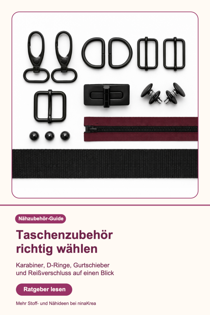 Pinterest-Grafik zum Taschenzubehör-Guide: Karabiner, D-Ringe, Gurtschieber und Reißverschluss