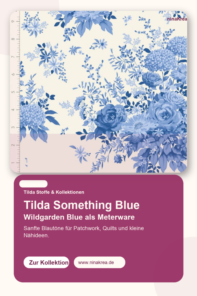 Pinterest-Grafik zu Tilda Something Blue Wildgarden Blue mit Stoffmuster und Call-to-Action