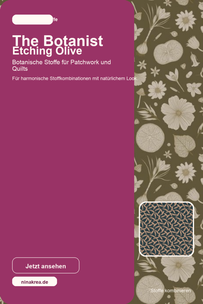 Pinterest-Grafik für Figo Fabrics The Botanist Etching Olive mit botanischem Stoffmuster und Brandfarben.