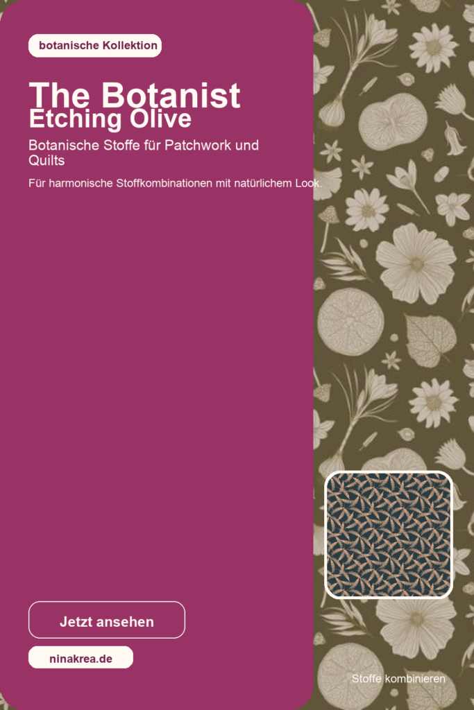 Pinterest-Grafik für Figo Fabrics The Botanist Etching Olive mit botanischem Stoffmuster und Brandfarben.