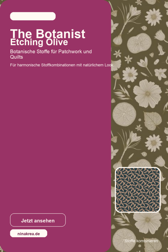 Pinterest-Grafik für Figo Fabrics The Botanist Etching Olive mit botanischem Stoffmuster und Brandfarben.